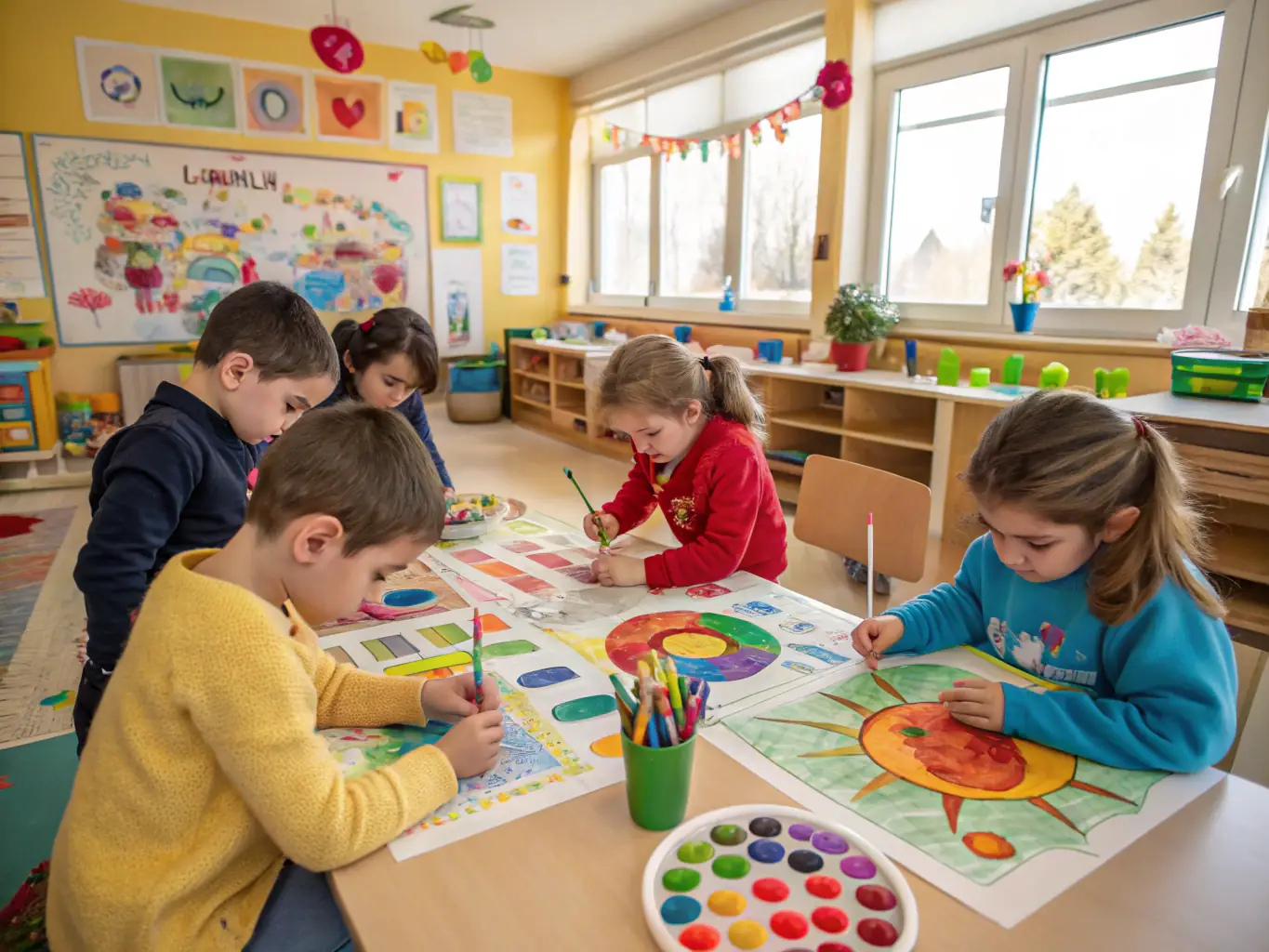 A group of children participating in an art workshop at Musée Boucheix, focused on learning painting techniques inspired by François Boucheix.