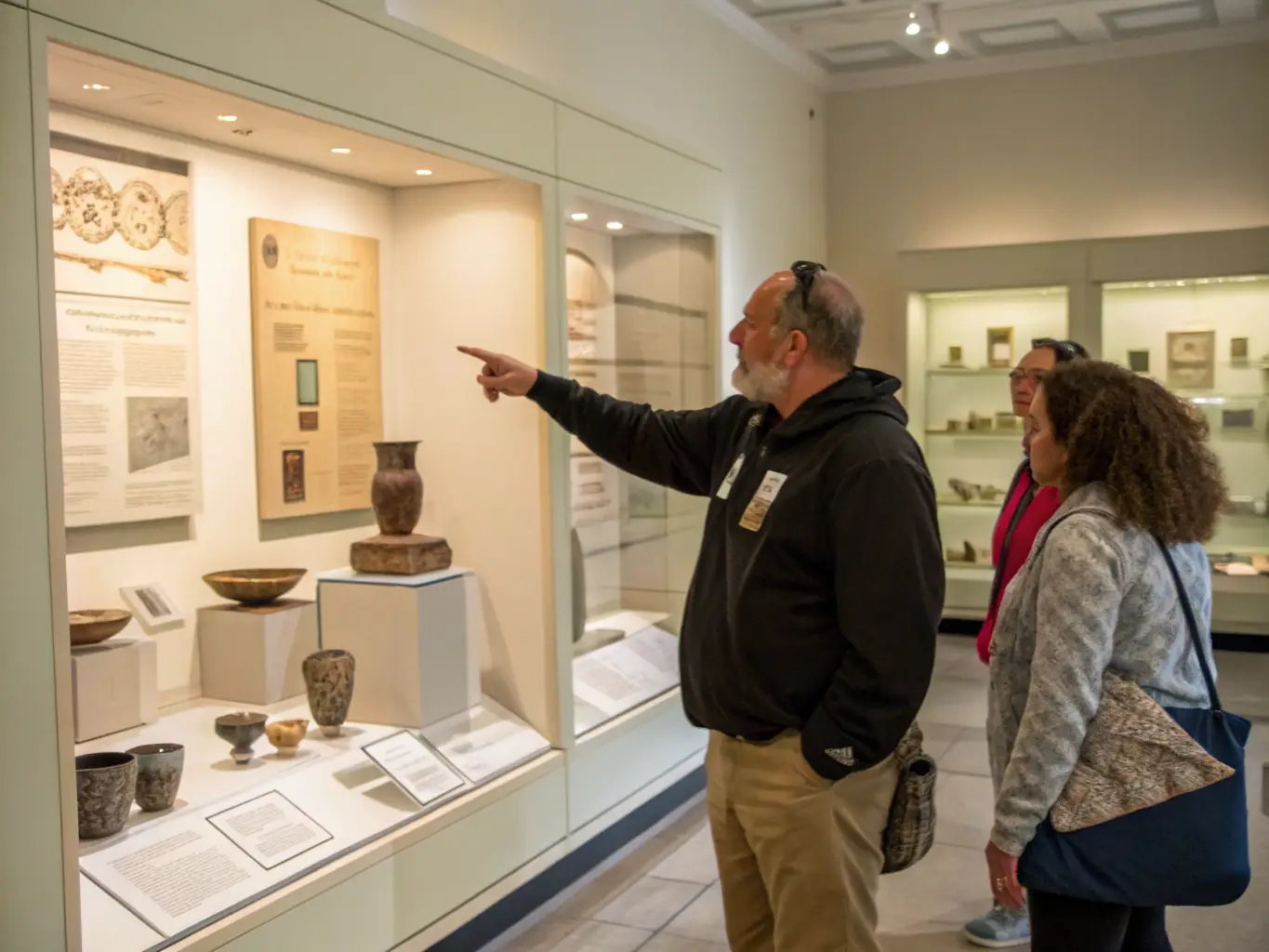 A museum guide leading a group of visitors through the Musée Boucheix, explaining the history and significance of François Boucheix's artworks.