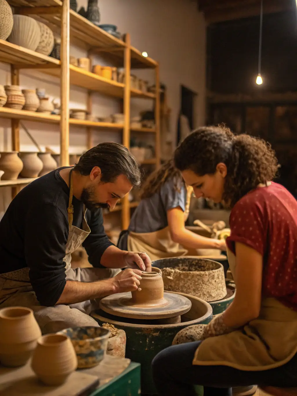 A photograph of a pottery workshop in progress at Musée Boucheix, with participants shaping clay on pottery wheels, showcasing hands-on artistic learning.