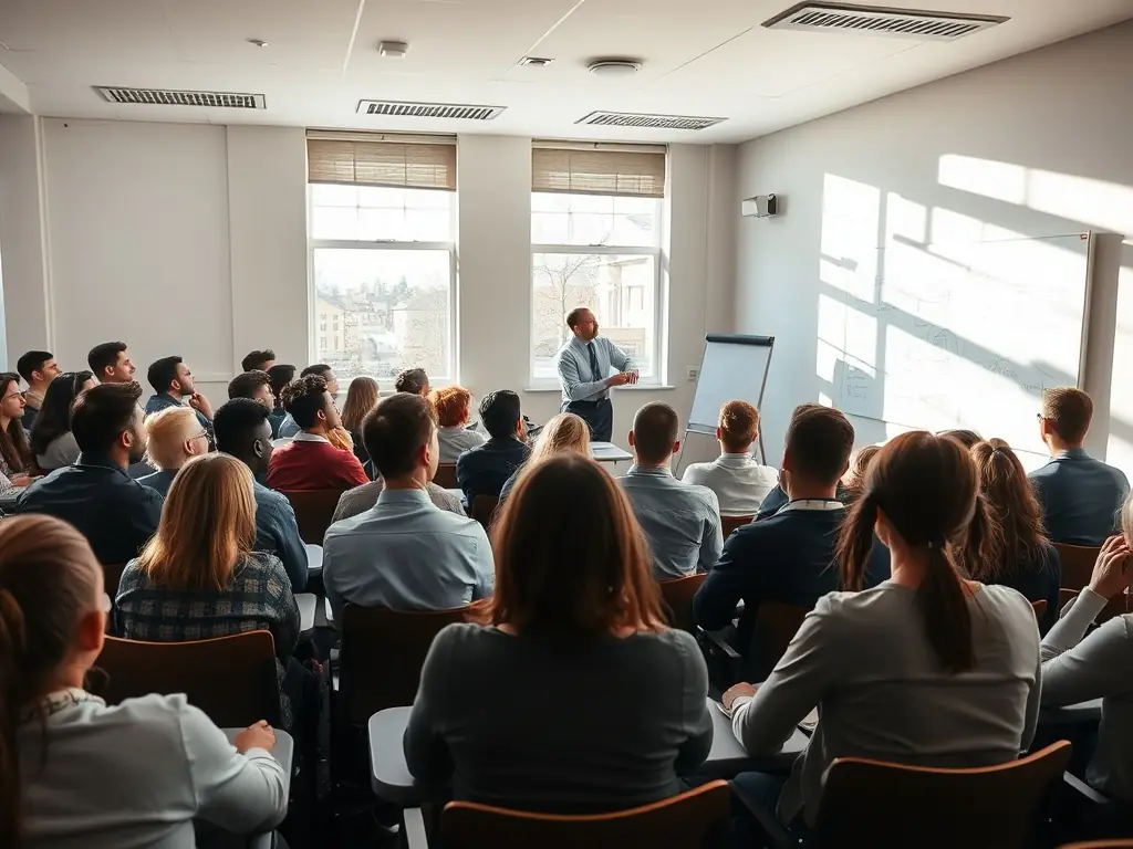A classroom setting with students engaged in a lecture about François Boucheix's life and artistic contributions, part of the museum's educational outreach program.